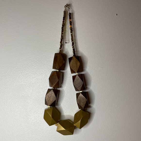 Vintage geometric brown wood and gold large abstract necklace earrings! - Picture 5 of 11